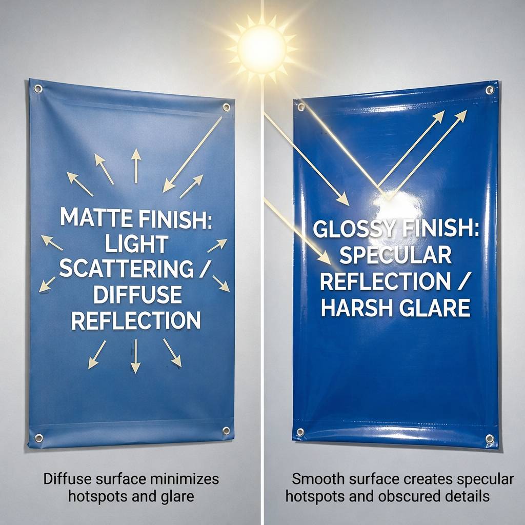 Matte vs glossy vinyl banner showing diffuse light vs glare and reflections