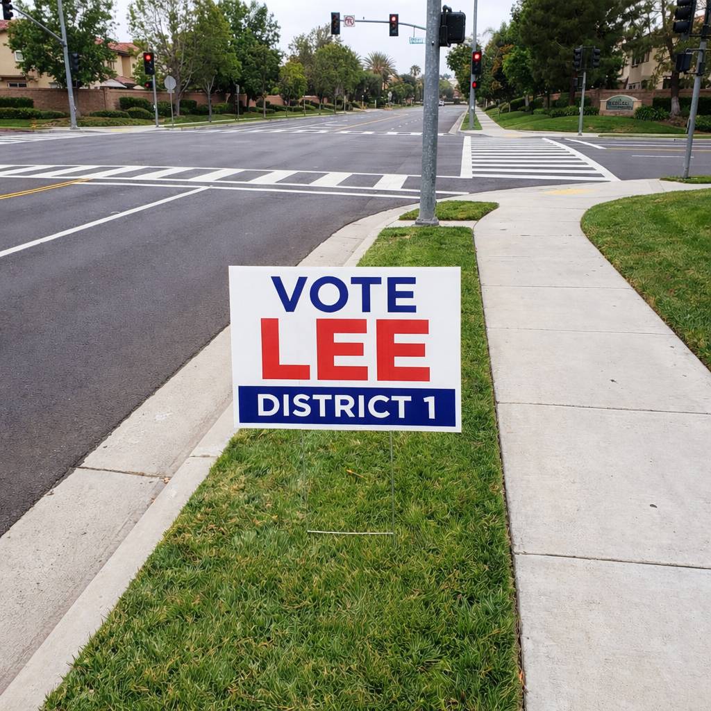 A "VOTE LEE DISTRICT 1" campaign sign placed on private property near an Irvine street intersection, complying with sign placement regulations.