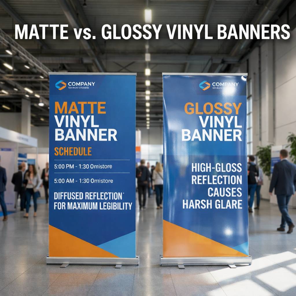 Matte vs glossy vinyl banners comparison showing readability and glare differences in trade show setting