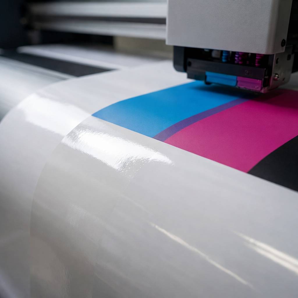 A macro photograph showing matte inkjet ink depositing onto a glossy vinyl surface, highlighting the texture mismatch between the dull printed area and the highly reflective, unprinted material