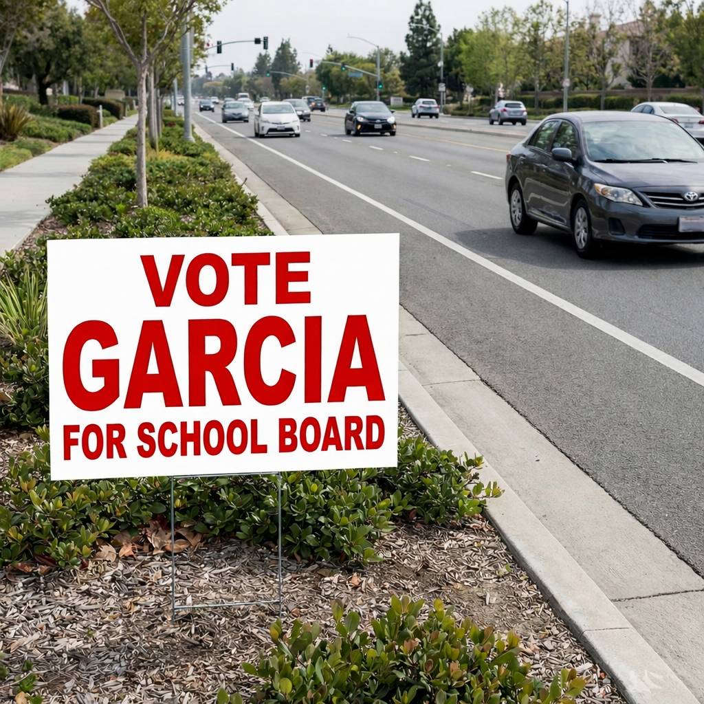 A high-visibility "VOTE GARCIA FOR SCHOOL BOARD" sign placed along a busy arterial road in Irvine, CA, for maximum reach.