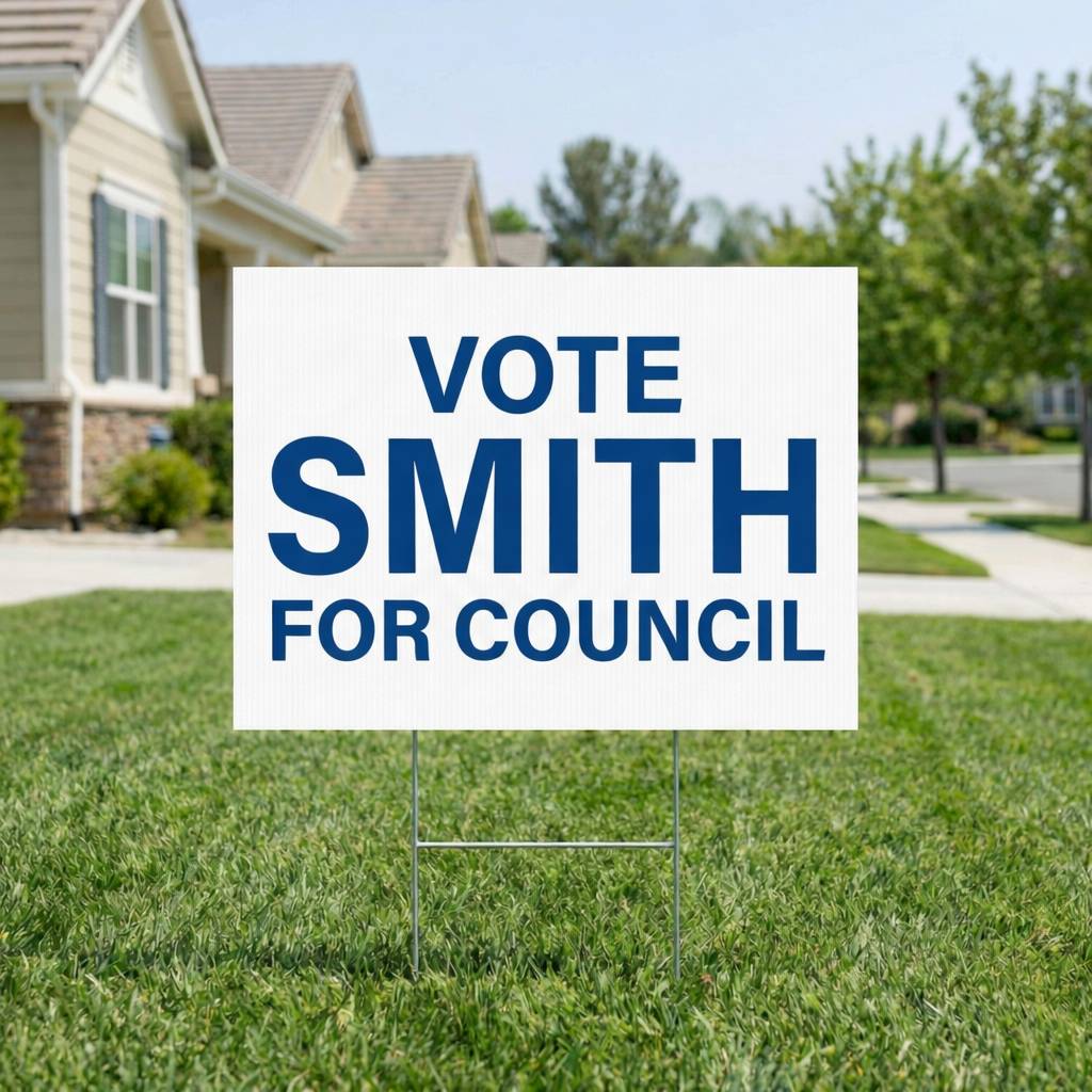 A "VOTE SMITH FOR COUNCIL" political yard sign on a metal stake in a residential lawn in Irvine, CA.