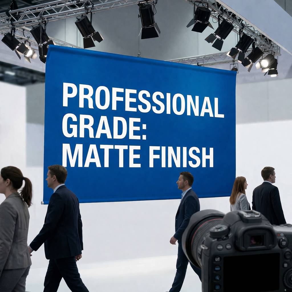 A close-up, semi-realistic photograph capturing a professional trade show environment