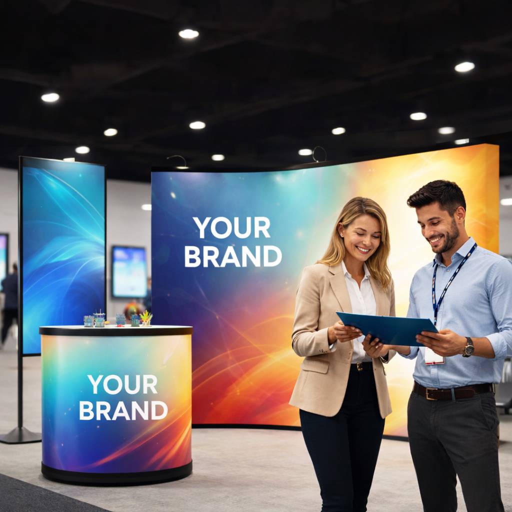 Custom trade show booth display with branded backdrop