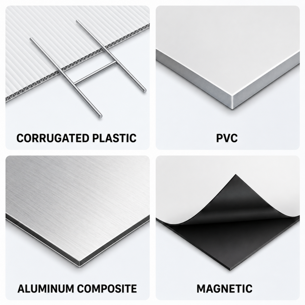 A graphic comparison of corrugated plastic, PVC, and aluminum sign materials.