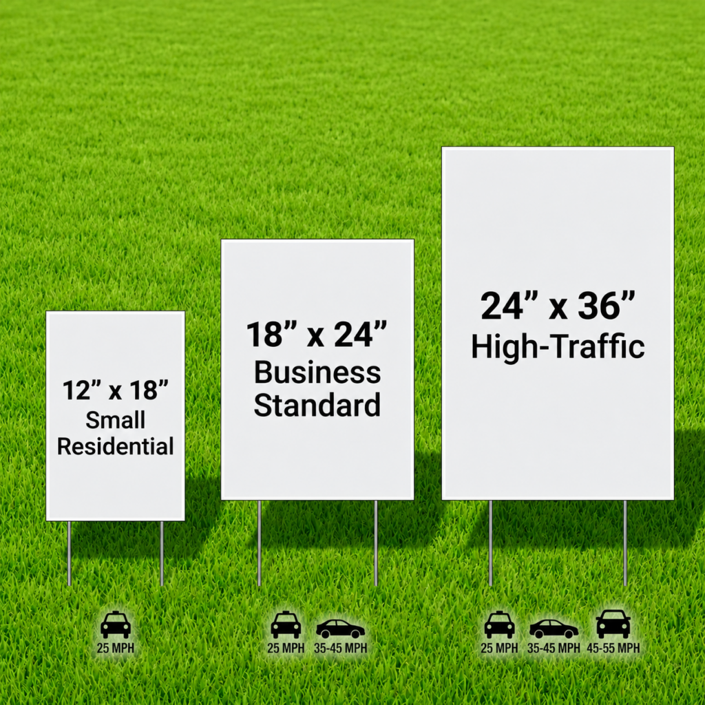 A visual guide comparing different yard sign sizes and their legibility.