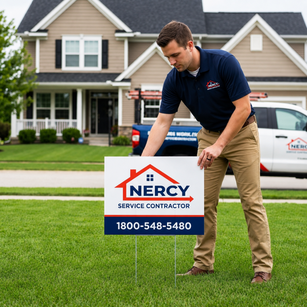 A contractor places a yard sign on an active residential job site.