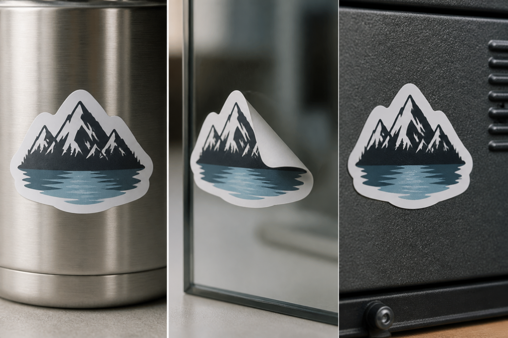 Matching vinyl stickers applied to smooth metal, removable glass, and textured equipment surfaces.