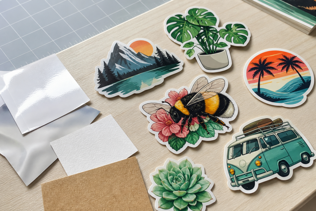 Colorful die-cut vinyl stickers displayed beside gloss, metallic, paper, and kraft material samples.