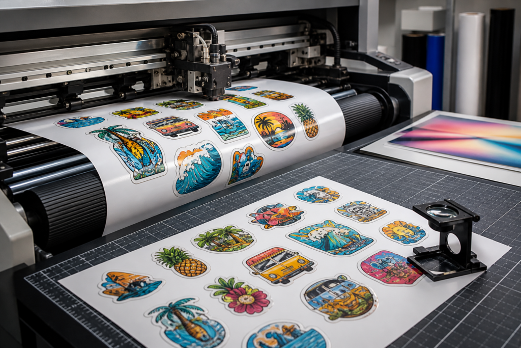 Commercial print-and-cut machine producing colorful contour-cut vinyl stickers beside an inspection loupe.
