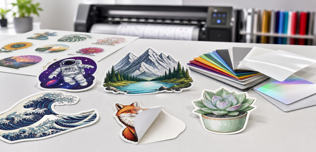 Die-cut vinyl stickers, backing paper, and material samples arranged on a professional print-shop table.