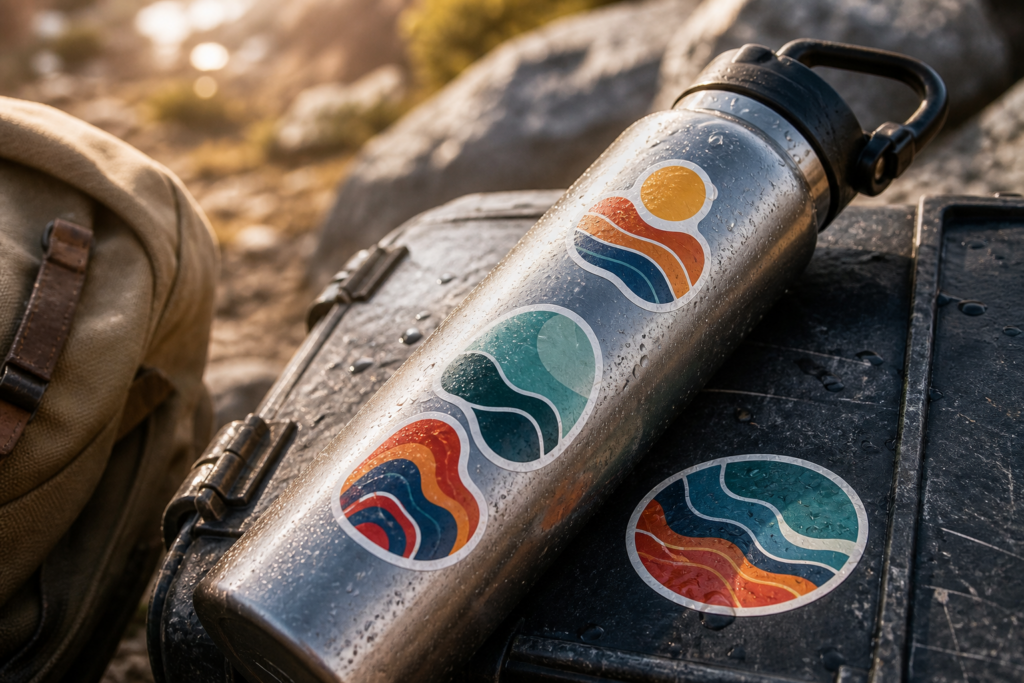 Laminated die-cut stickers holding firmly to a rain-speckled metal bottle and outdoor equipment case.