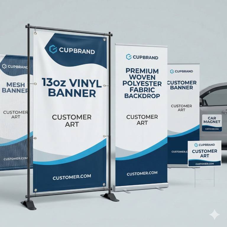 Selection of professional vinyl and fabric banners showing different textures and finishing options.