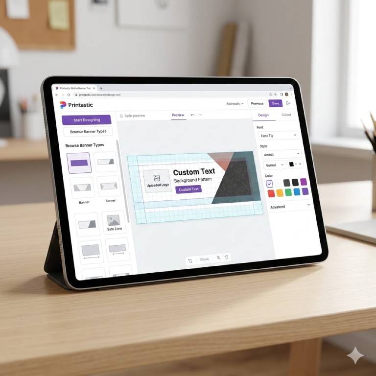 Online banner design interface showing easy drag-and-drop customization tools.
