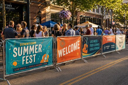Custom fence banners along event barricades at a downtown summer festival displaying welcome sponsor food drink and live music messages