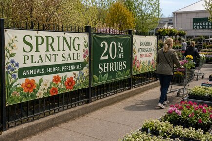 Fence banners advertising a garden center spring plant sale shrub discount and seasonal garden promotion