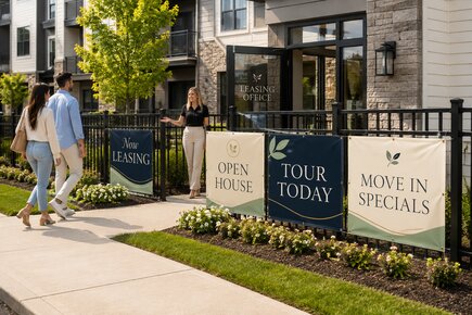 Large vinyl fence banner advertising apartments for lease outside a residential leasing office