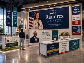 Printastic at a large format printing trade show showcasing their political campaign banners