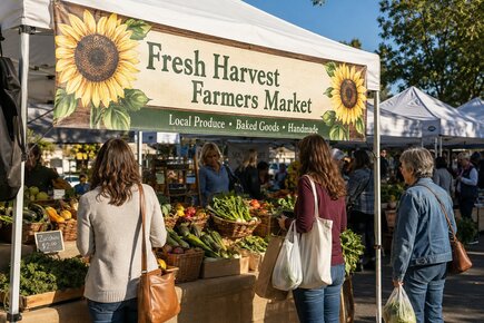 Custom farmers market vinyl banner for Fresh Harvest displayed across an outdoor vendor tent with local produce shoppers