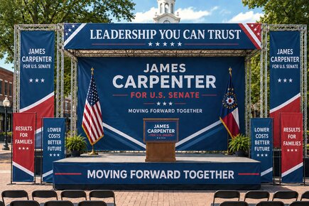 Custom political vinyl banners for James Carpenter US Senate campaign displayed across an outdoor rally stage