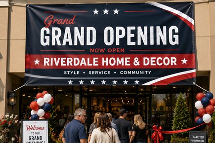 Custom vinyl grand opening banner installed above a storefront entrance for Riverdale Home & Decor during a live opening event