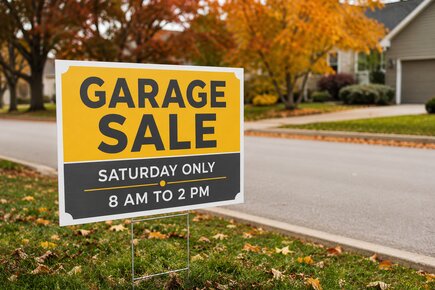 Bulk garage sale yard sign printing with durable corrugated plastic and wire stakes