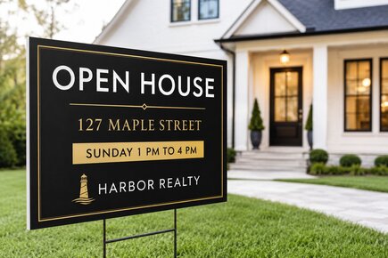 Custom black and gold real estate open house sign for Harbor Realty, printed on a standard 18 inch by 24 inch corrugated plastic yard sign with metal wire stakes