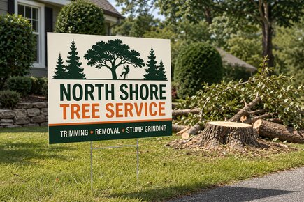 Custom contractor yard sign for North Shore Tree Service, featuring tree removal and stump grinding services printed on an 18 inch x 24 inch yard sign