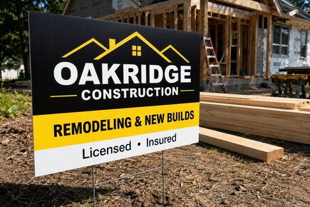 Custom job site construction yard sign for Oakridge Construction, displaying a high-visibility black and yellow design on an 18 inch by 24 inch sign board