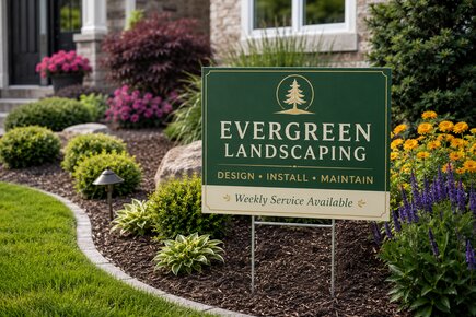 Custom landscaping yard sign for Evergreen Landscaping, showcasing a dark green and cream design on an 18 inch x 24 inch corrugated plastic sign template