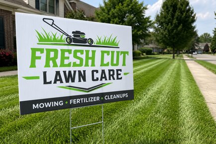 Custom lawn care business lawn sign for Fresh Cut Lawn Care, featuring a vibrant green and white layout on an 18 inches by 24 inches standard yard sign