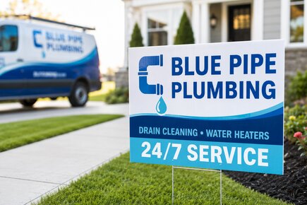 Custom plumbing business yard sign for Blue Pipe Plumbing reading 247 Service, printed on a standard 18 inch by 24 inch corrugated plastic sign on a green lawn