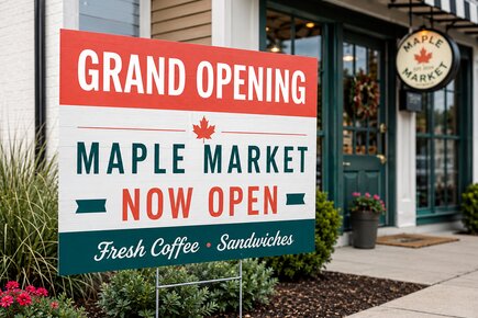 Custom retail business grand opening yard sign for Maple Market, showing a red and green design on an 18 inch by 24 inch weather-resistant corrugated plastic sign board