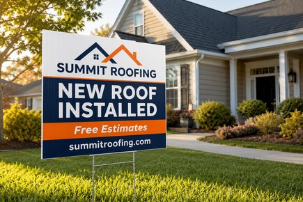 Custom roofing company yard sign for Summit Roofing highlighting a new roof installation, printed on an 18 inches by 24 inches corrugated plastic lawn sign