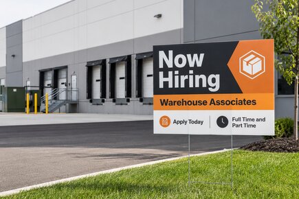 Now hiring yard sign printing for warehouse staffing, recruitment, and local job advertising