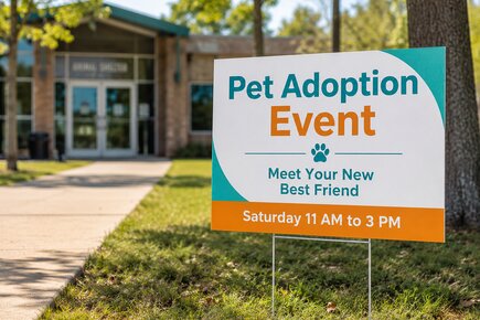 Pet adoption event yard sign printing for animal shelters, rescues, and community outreach