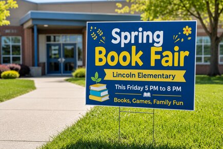 School book fair yard sign printing for campus events, fundraisers, and parent outreach
