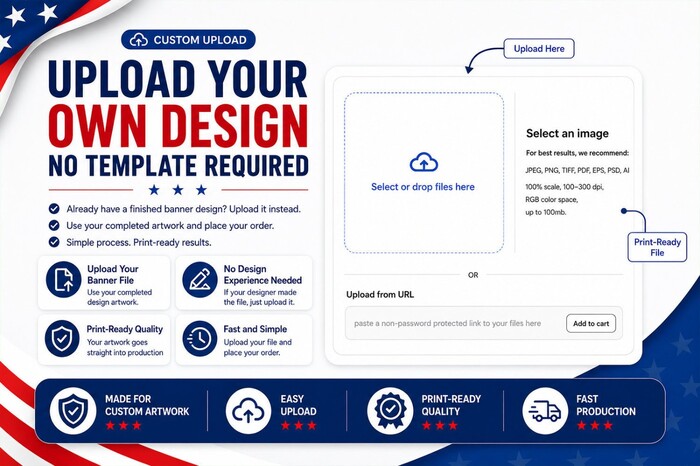 Custom banner artwork upload interface showing how customers can upload a finished banner design for professional printing