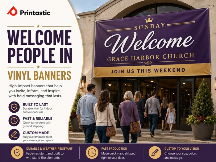 Custom church vinyl banner welcoming visitors to Grace Harbor Church, mounted above the main entrance for weekend services