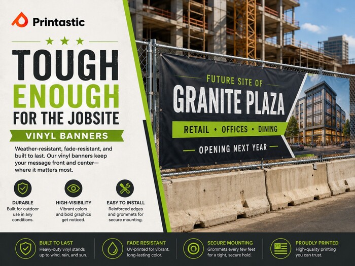 Custom construction vinyl banner for Granite Plaza mounted to a chain link fence at an active commercial construction site