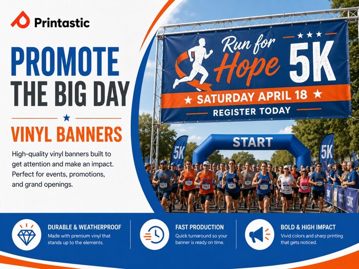 Custom event vinyl banner promoting the Run for Hope 5K mounted above the starting line at an outdoor charity race