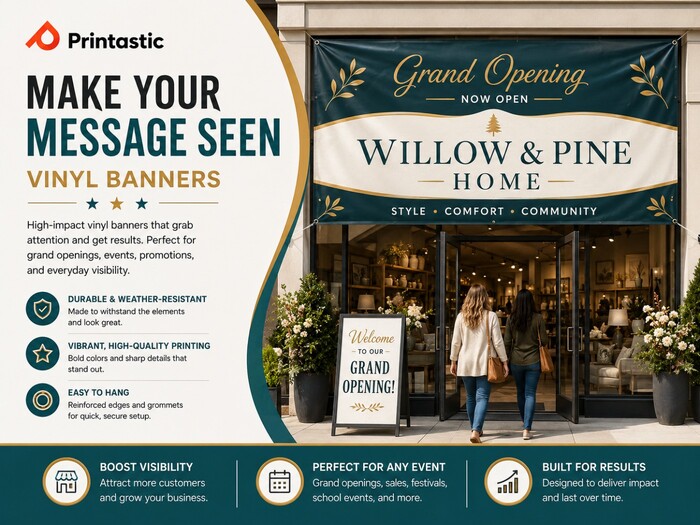 Custom grand opening vinyl banner for Willow & Pine Home displayed above a retail storefront entrance as customers walk inside