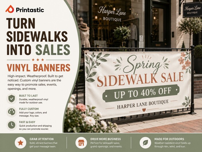 Custom retail vinyl banner advertising a spring sidewalk sale outside Harper Lane Boutique with reinforced edges and grommets
