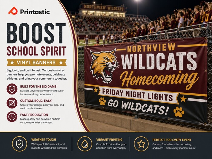 Custom vinyl school spirit banner for Northview Wildcats Homecoming displayed on a stadium fence during a football game