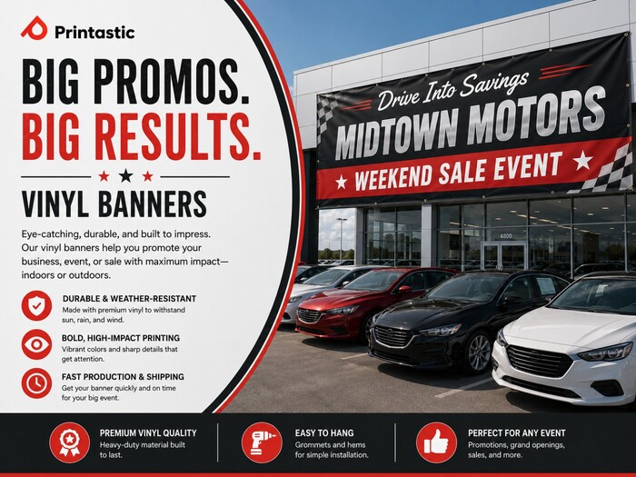 Large custom vinyl banner promoting a weekend sales event across the front of Midtown Motors auto dealership