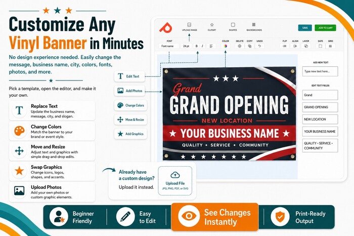 Online design tool for customizing a vinyl banner with editable text, colors, photos, graphics, and a grand opening banner template