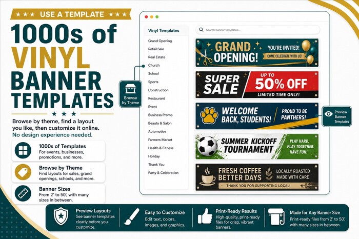Online gallery of customizable vinyl banner templates for grand openings, sales, schools, sports, restaurants, events, and business promotions