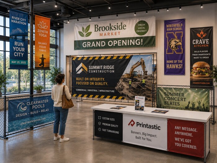 Printastic showroom displaying custom vinyl banners for construction, schools, restaurants, pools, events, businesses, and grand openings