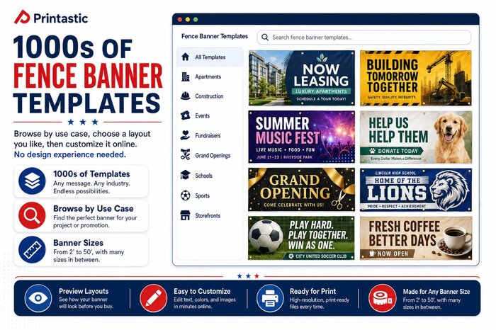 Fence banner templates for construction sites, events, schools, sports, storefronts and commercial promotions