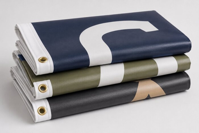 Folded vinyl fence banners with reinforced hems and metal grommets for fence installation